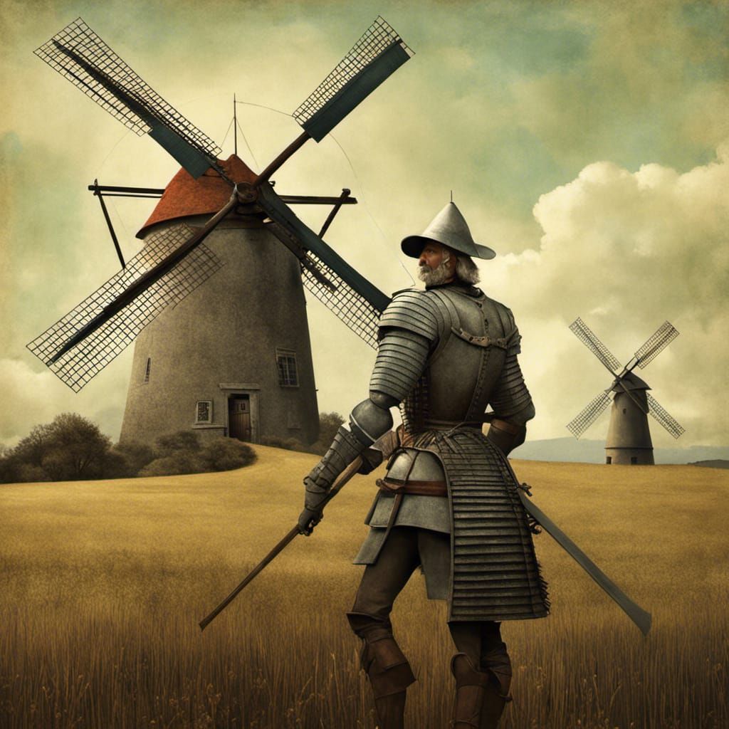 Don Quixote Attacks Windmill: Surreal Mixed Media Art