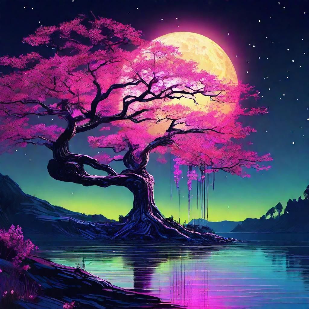 Futuristic Tree with Neon Flowers in Digital Art