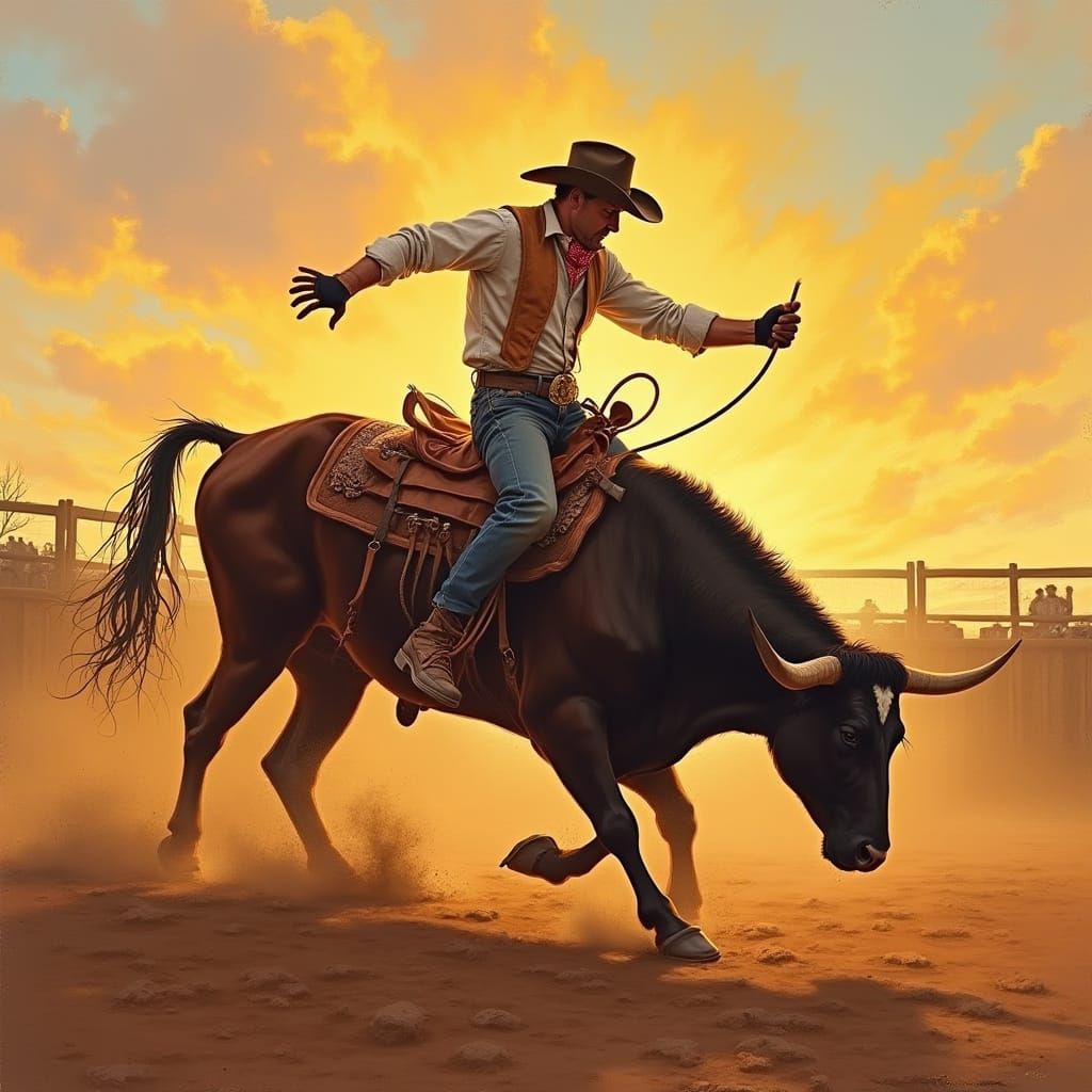 Cowboy Rides Bucking Bull in Western Art Style