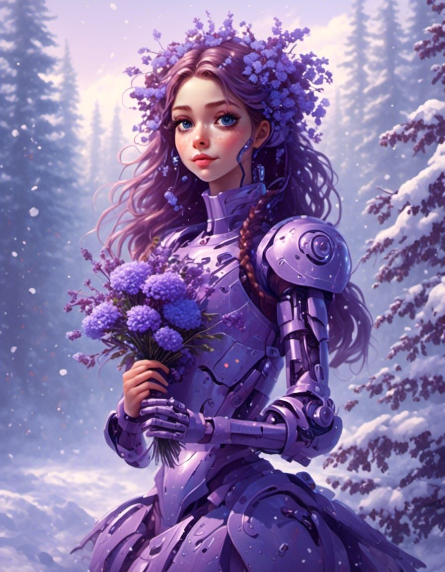 Beautiful Robot Girl with Purple Flowers and Snowy Backgroun...