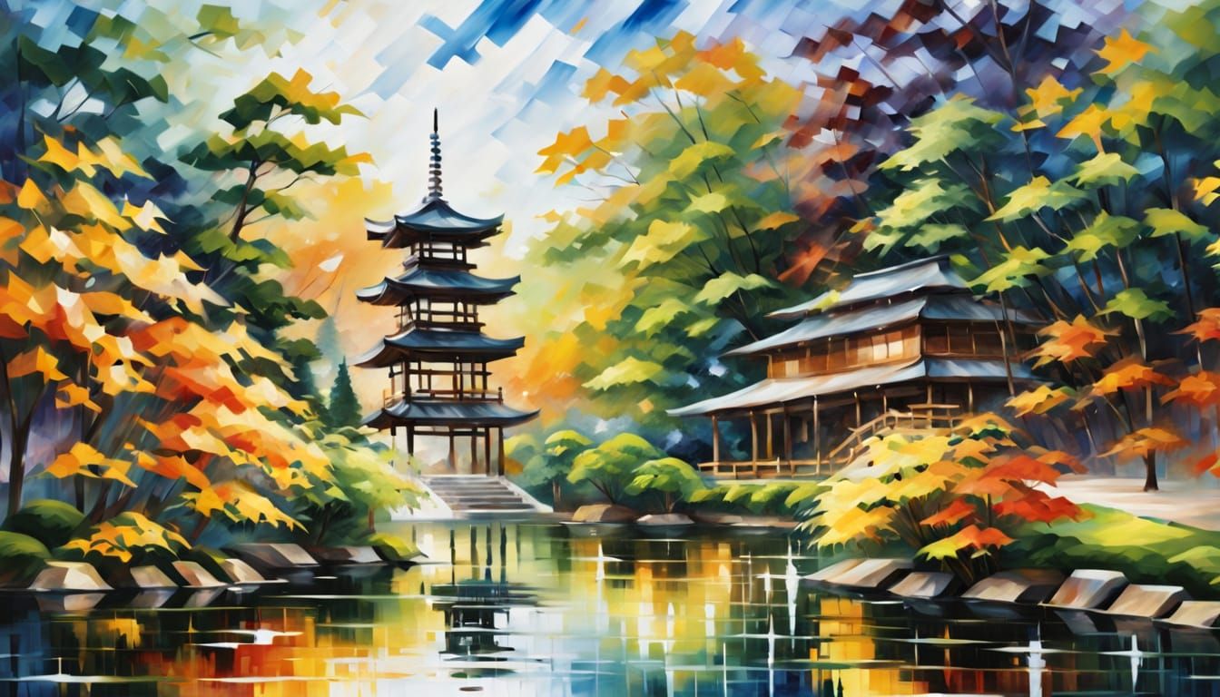 Anime Karate School in Japanese Garden, Impasto Style