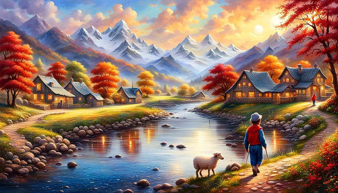 Boy on Riverbank in Thomas Kinkade Style
