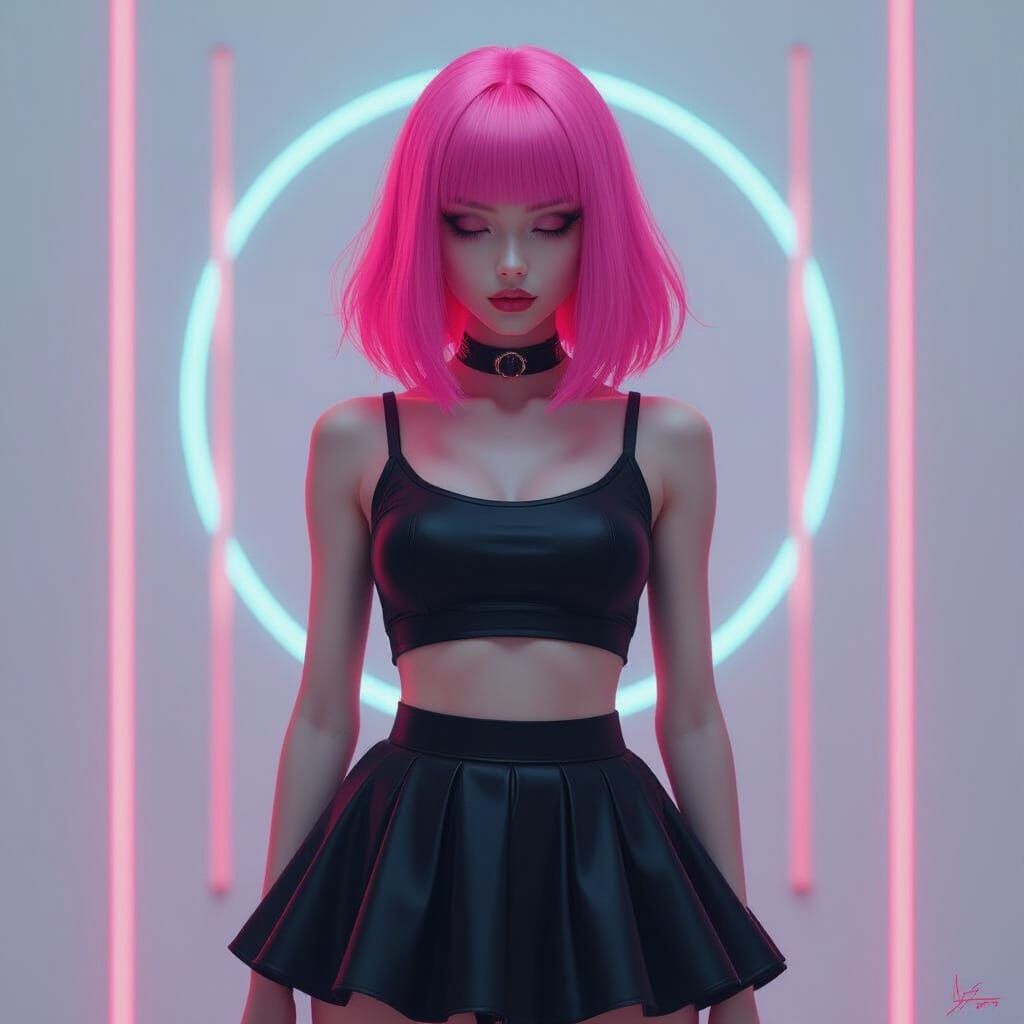 Androgynous Figure in Pink Wig, Fantasy Concept Art