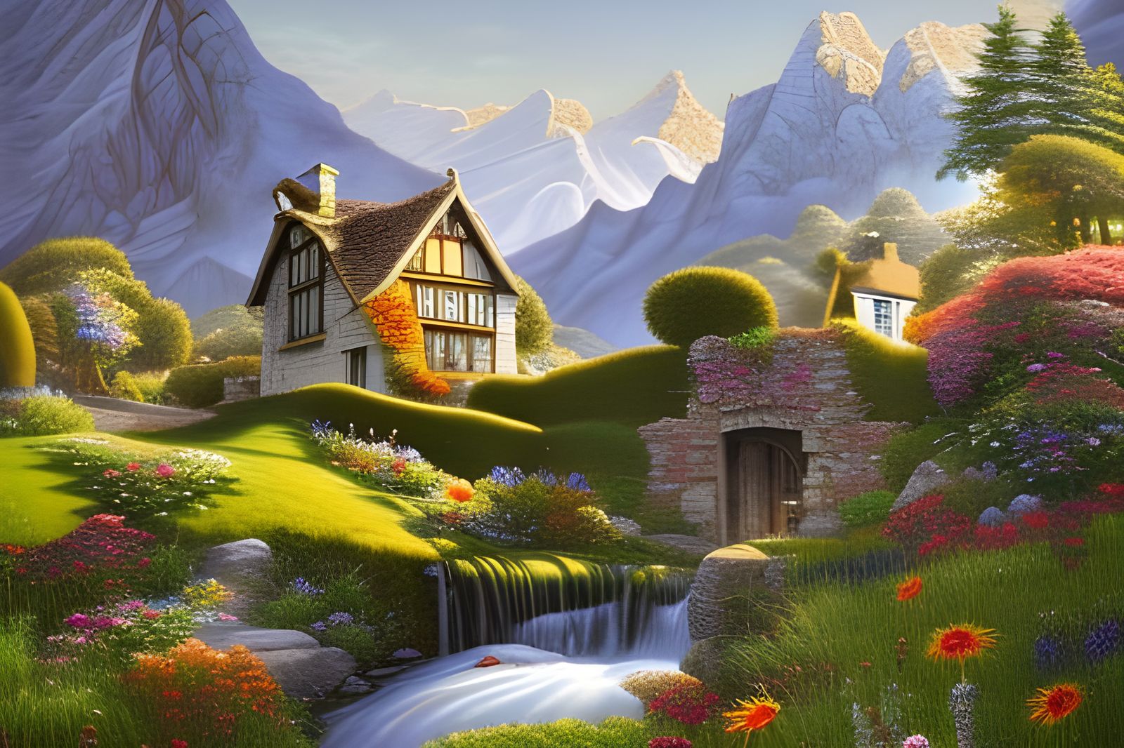 Stone cottage by Swiss Waterfalls, Alps and wildflowers - 1096