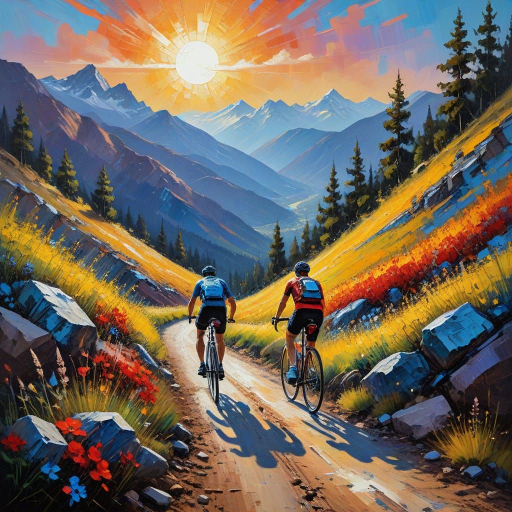 Cyclists Ascend Alpine Pass in Textured Oil Painting