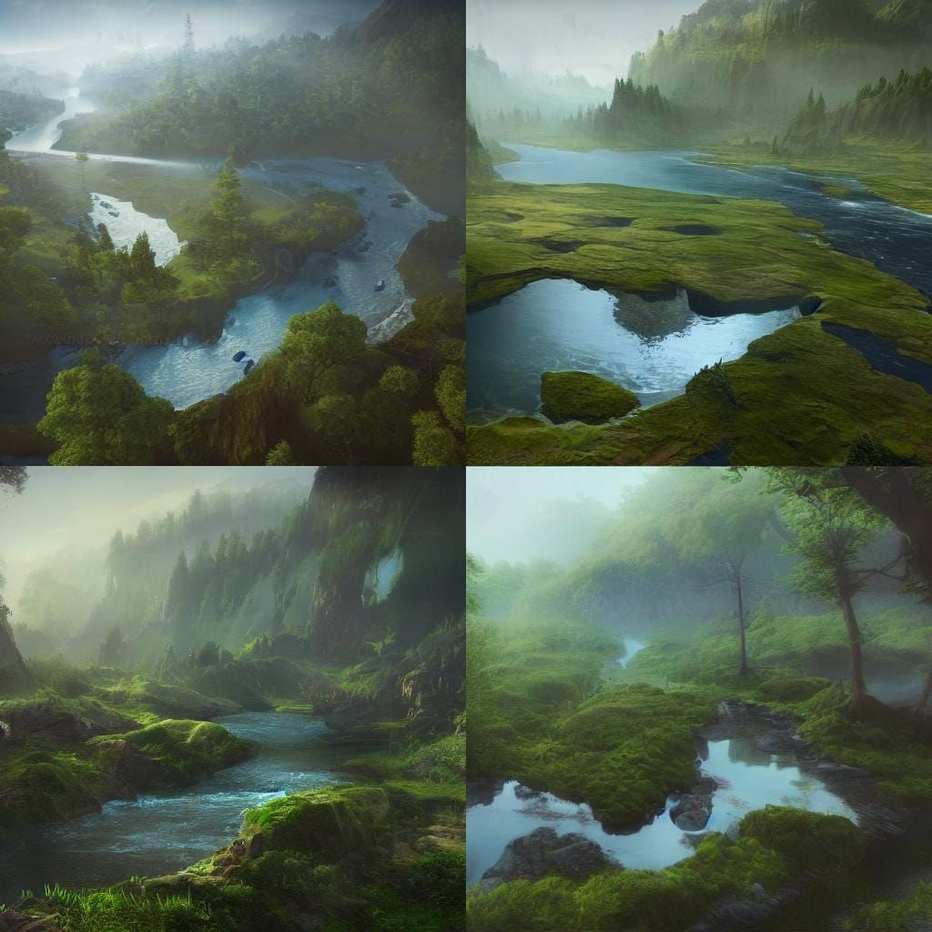 Aerial View of River in Forest, Detailed Digital Art