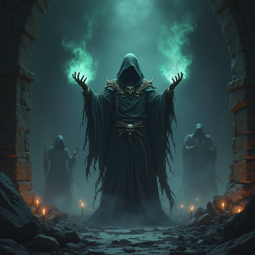 Necromancer Unleashes Dark Magic in Haunting Crypt Scene