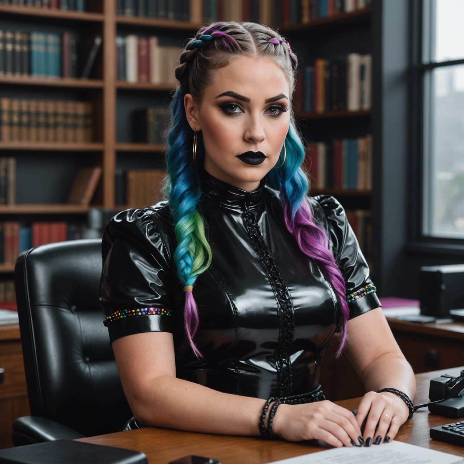Librarian with Rainbow Hair in Glossy Dress