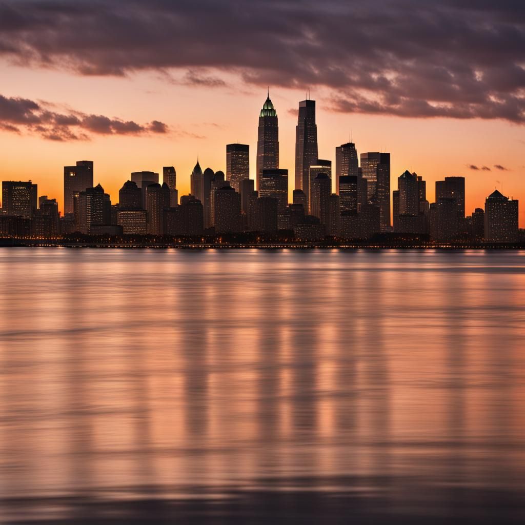 City Skyline Reflected in Water at Sunset