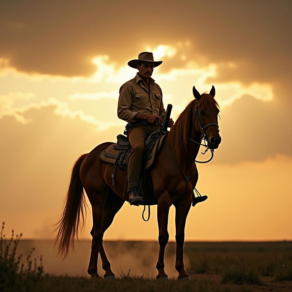 Texas Ranger on Horseback in Stormy Texas Sky