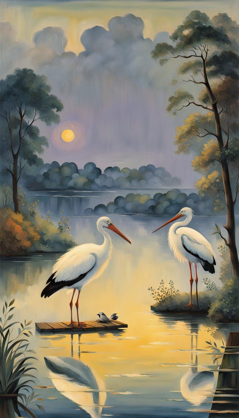 Whimsical Storks Enjoy a Smoke on a Serene Lake Pier