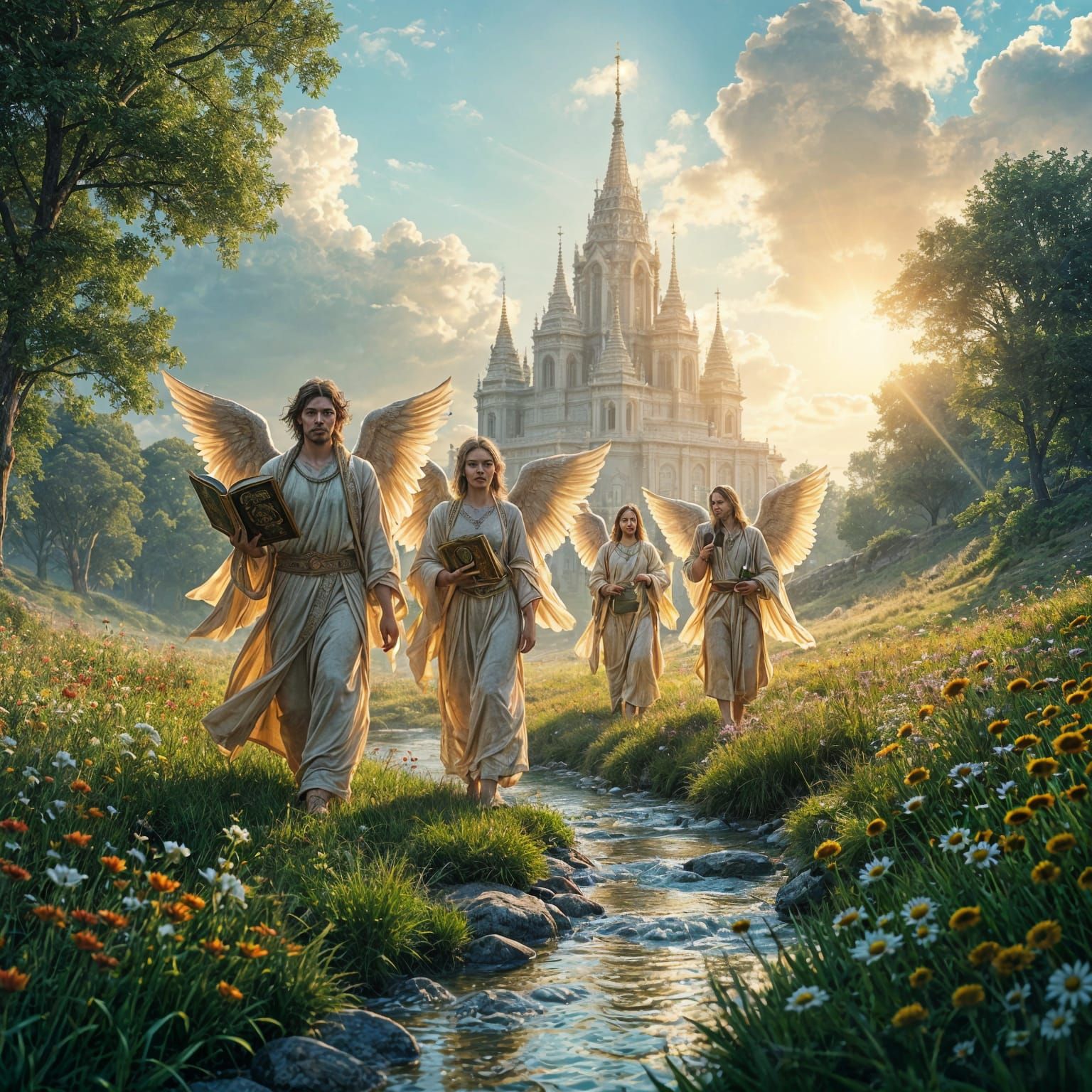 Angelic Sages in Ethereal Meadow Landscape