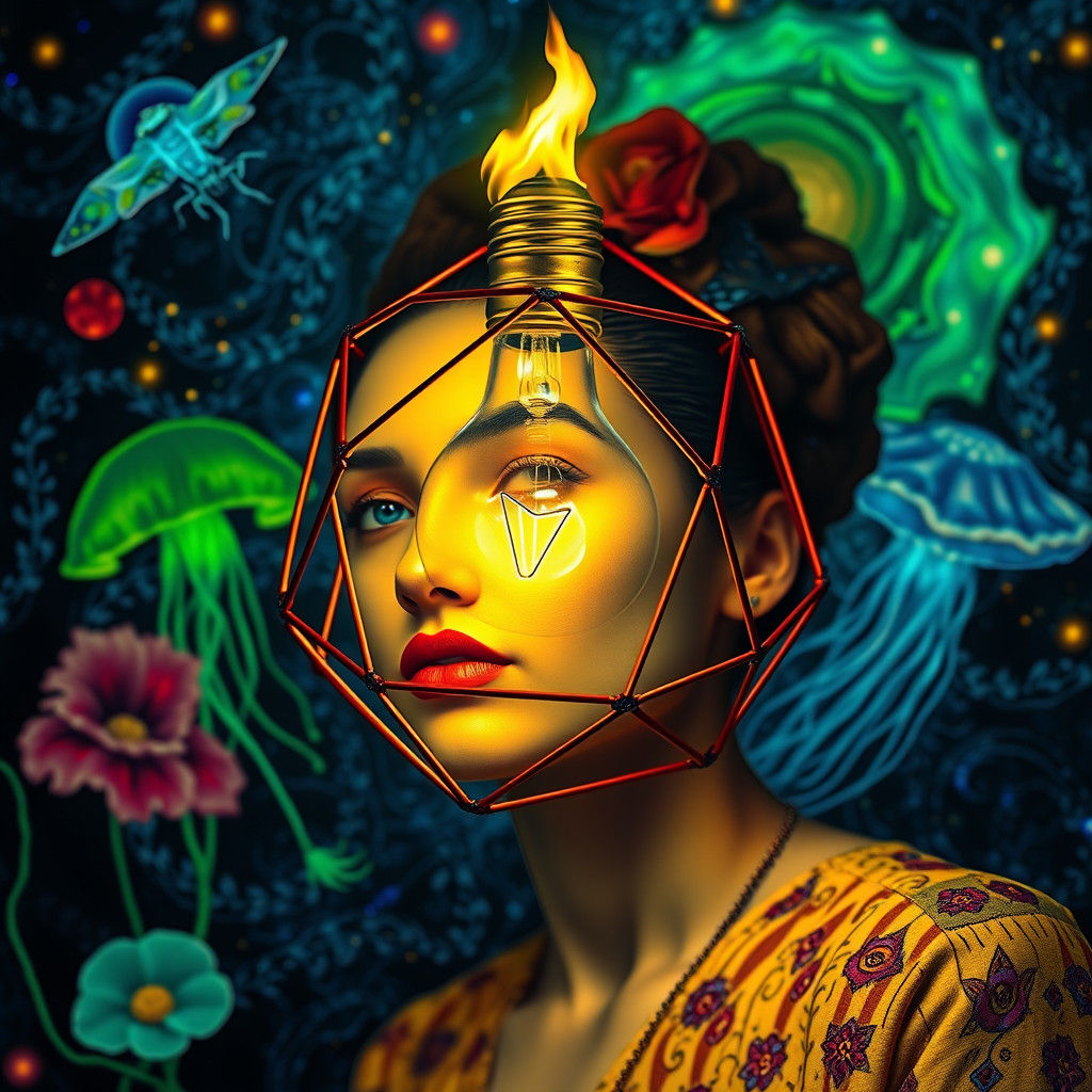 Surreal Icosahedron with Bioluminescent Flora in Splash Art