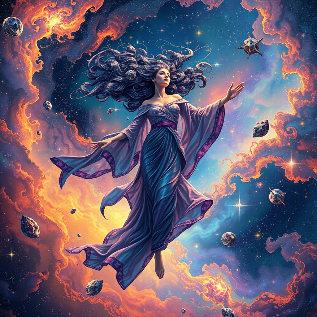 Cosmic Goddess in Iridescent Robes Witnesses Celestial Revel...