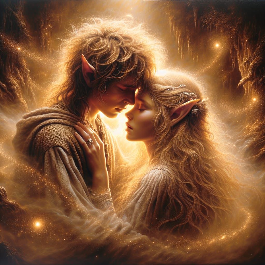 Elves' Heartfelt Embrace in Golden Forest