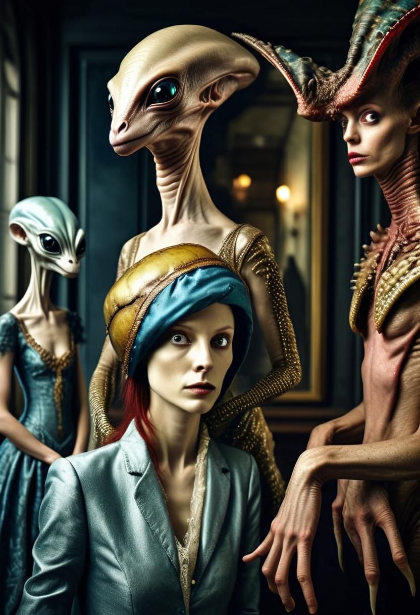 Hyperrealistic Alien and Human Party: Irving Penn Style