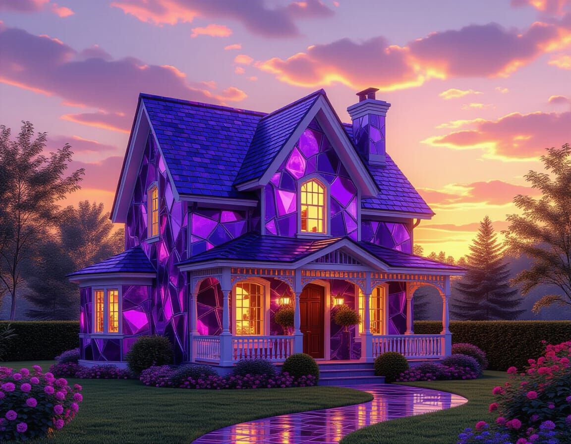 Amethyst Gemstone House at Sunset, Thomas Kinkade Style