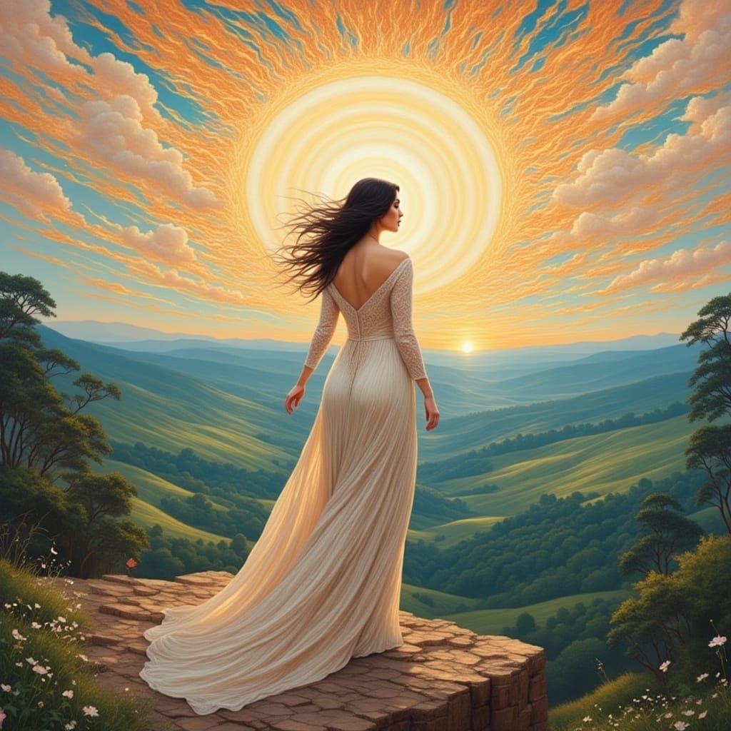 Elegant Woman Overlooking Serene Landscape in Art Nouveau St...