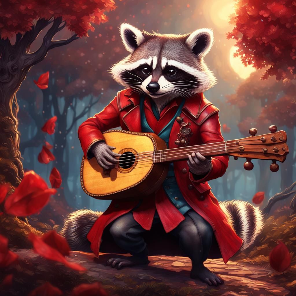 Racoon Bard in Red Leather Trenchcoat
