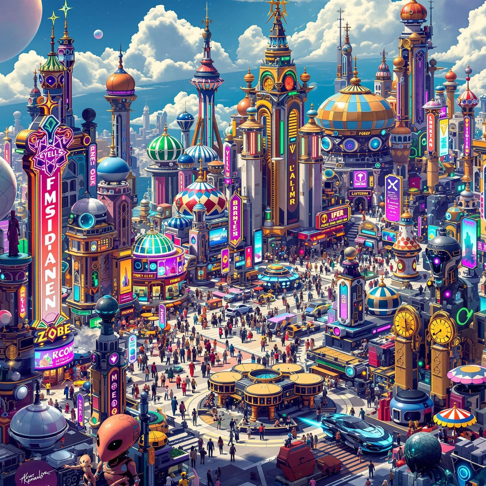 Bustling Interstellar Port City in Art Deco Style