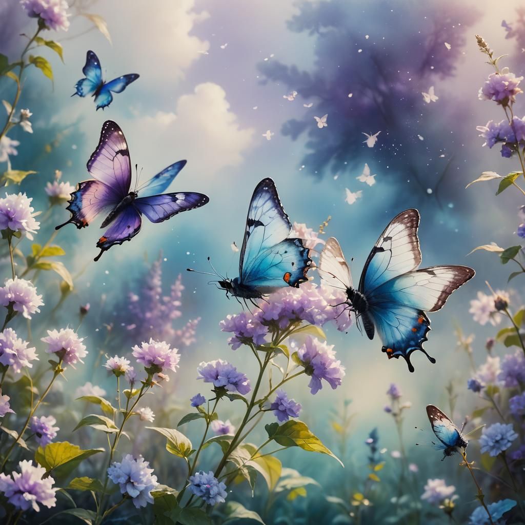 Blue and Purple Butterflies in Dreamy Watercolor Style