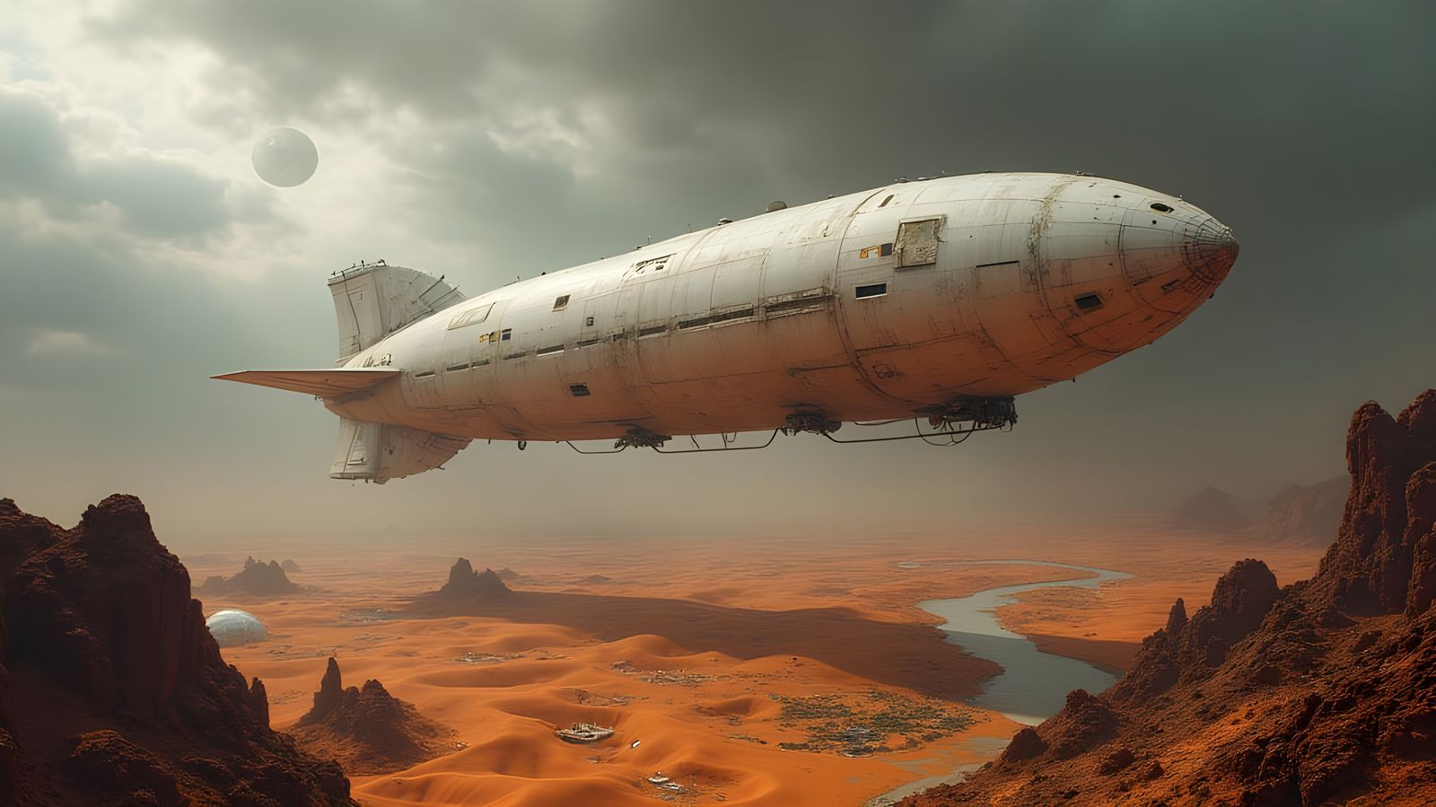 Solar Punk Airship Soars Over Alien Settlement