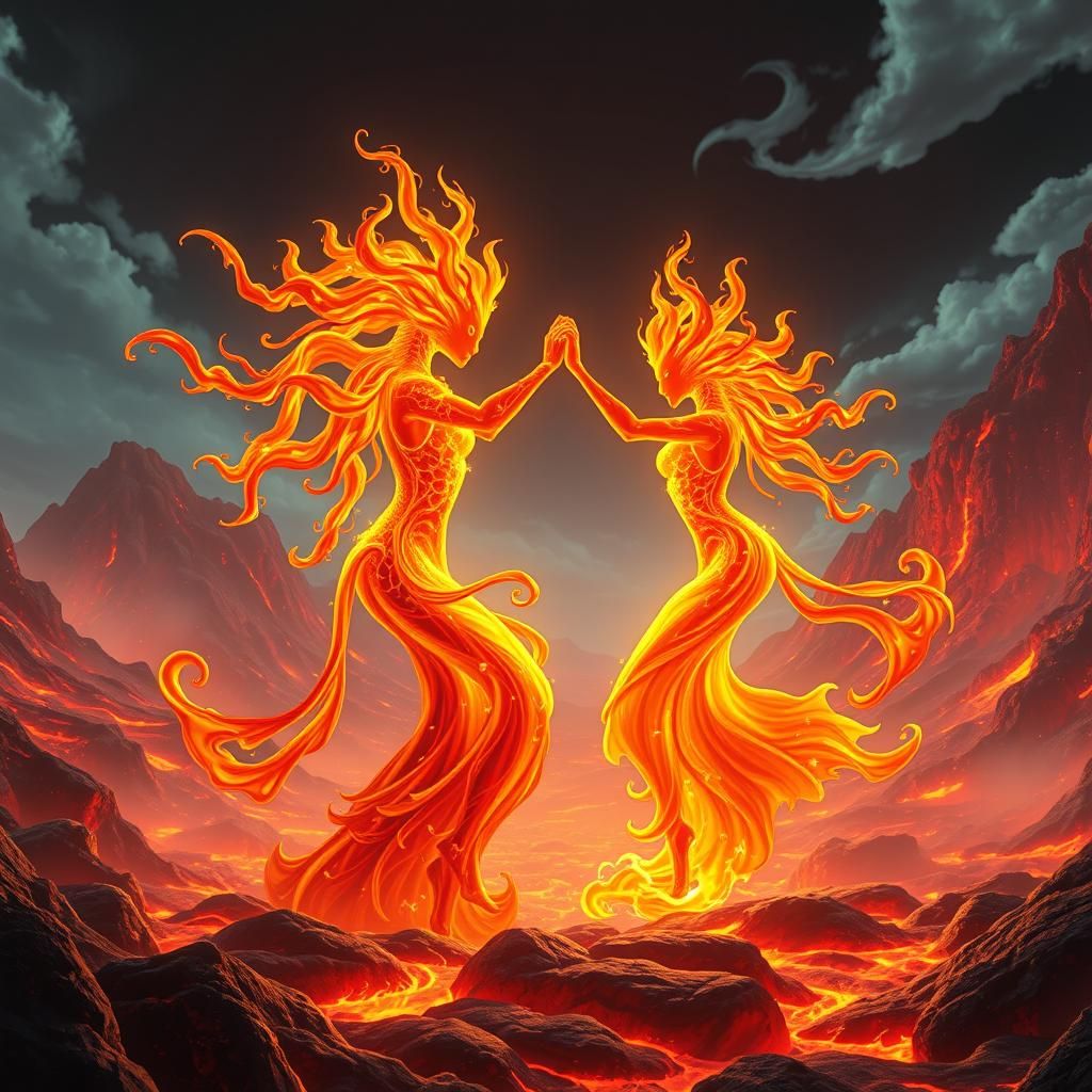 Fire Elementals Waltz in Fiery Landscape