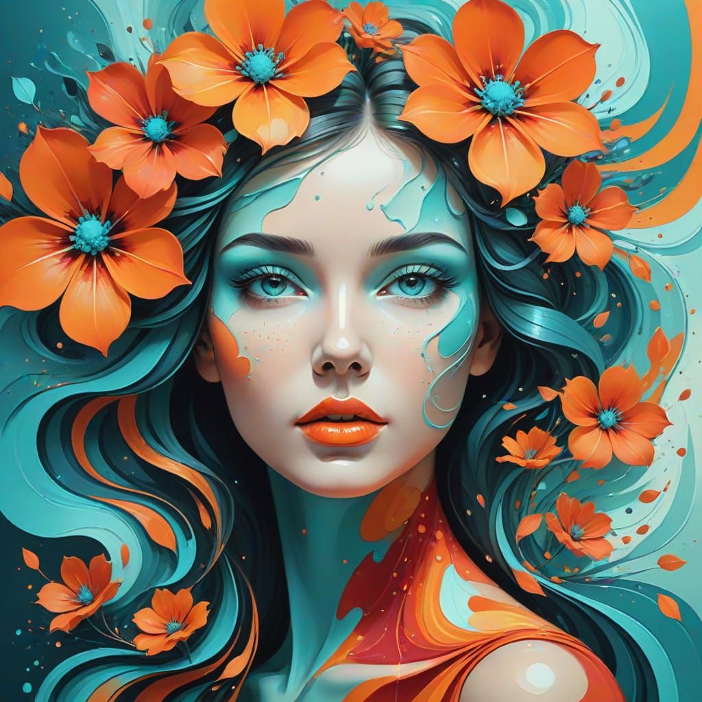 Vibrant Surreal Portrait with Abstract Flowers in a Dreamlik...