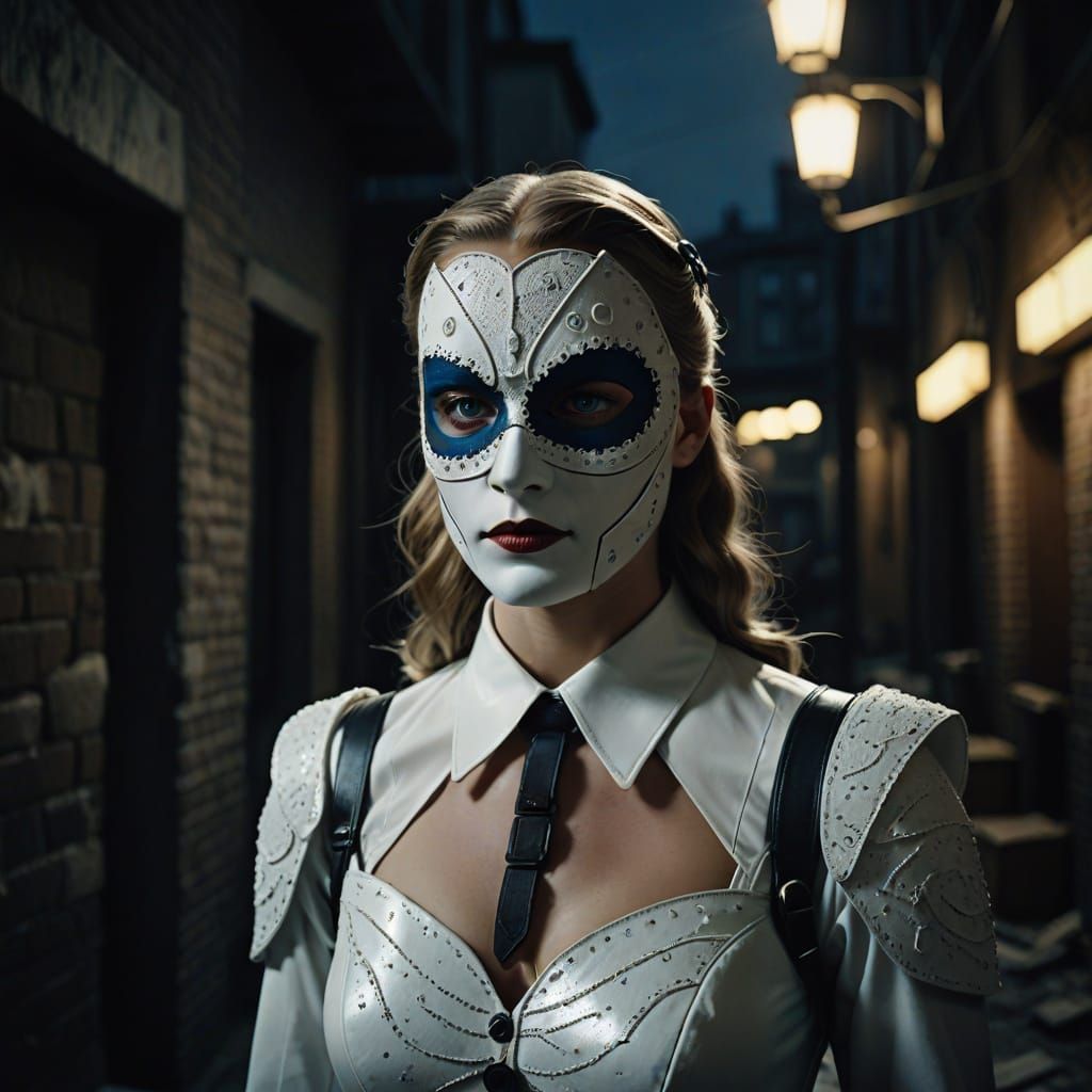 1940s German Woman in White Costume, Dramatic Lighting