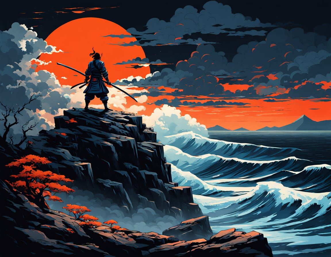 Solitary Samurai Overlooking Stormy Ocean Oil Painting