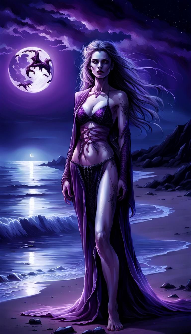 Moonlit Vampire Goddess in Ethereal Beach Scene