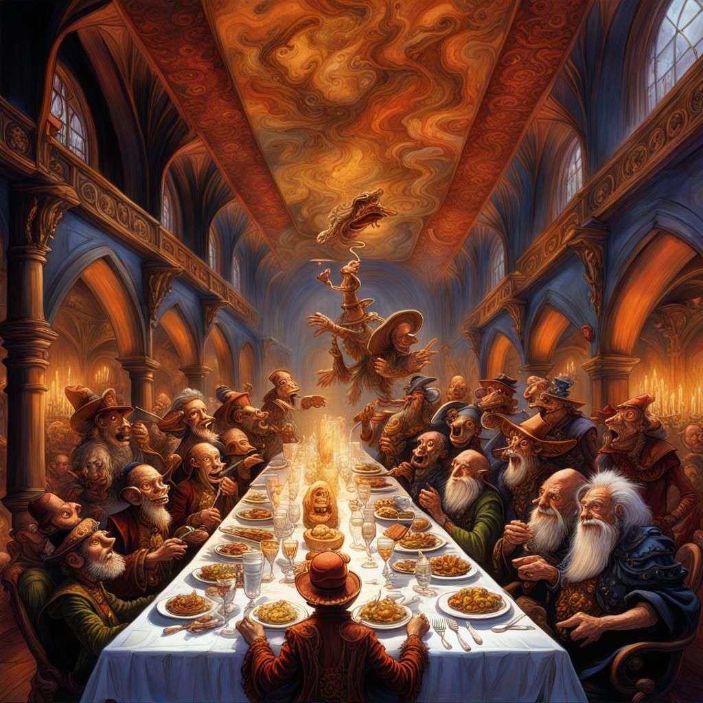 Discworld's Unseen University Banquet in Josh Kirby Style