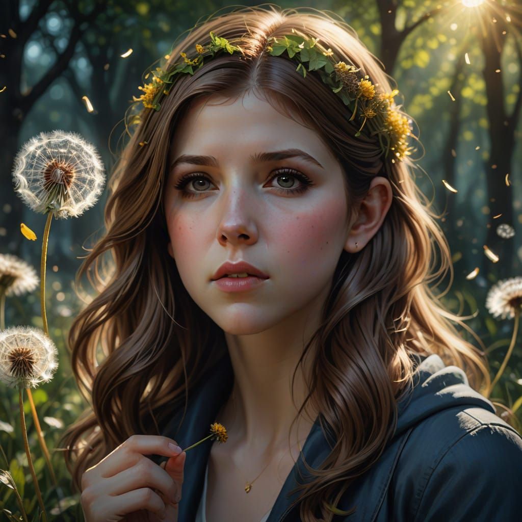 Anna Kendrick in Whimsical Dandelion Bloom, Soft Focus Roman...