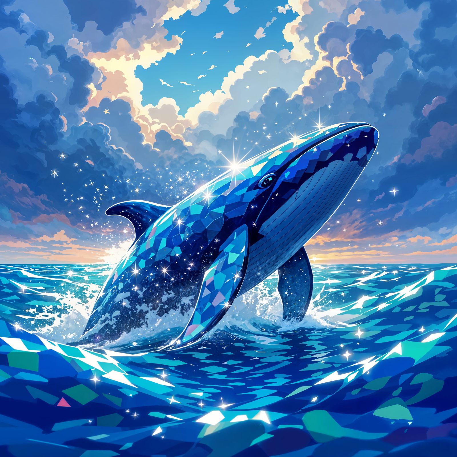 Sparkling Sea Glass Whale Breaching Under Painterly Sky