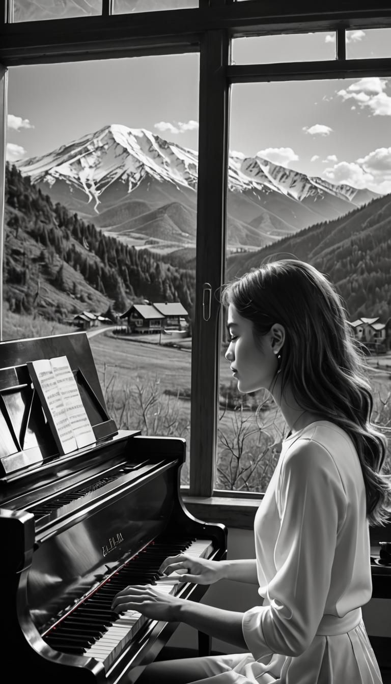 Girl Plays Piano in Black and White
