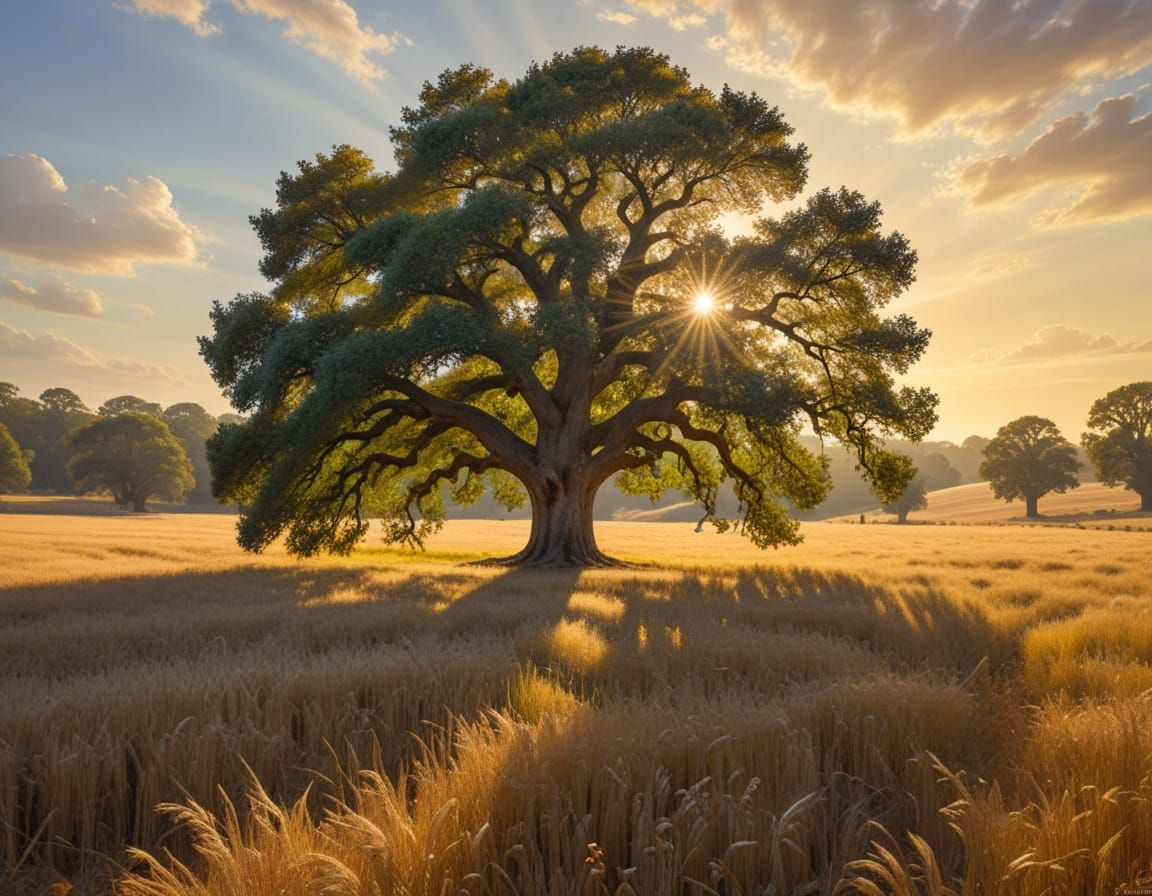 Ancient Oak in Golden Field at Sunset
