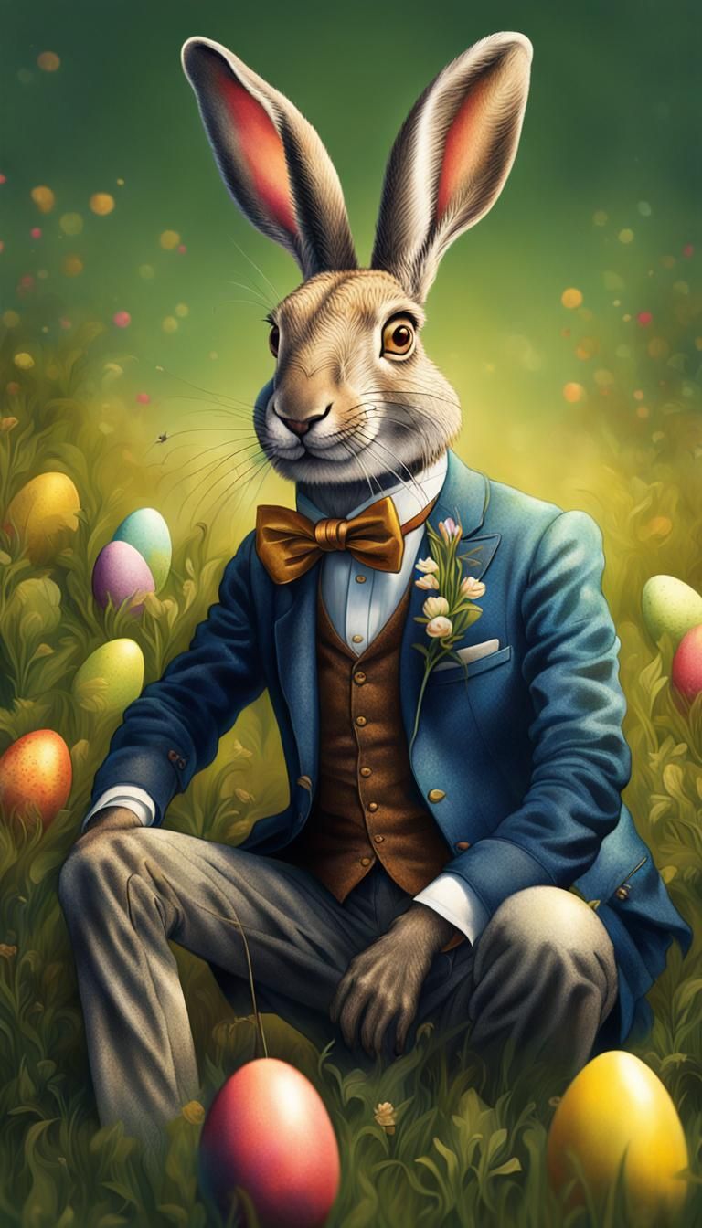 Victorian Easter Hare Hiding Eggs on Meadow