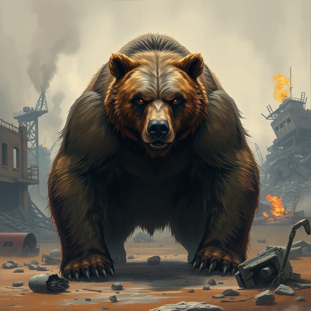 Fierce Post-Apocalyptic Grizzly Bear Roars Amidst Ruins