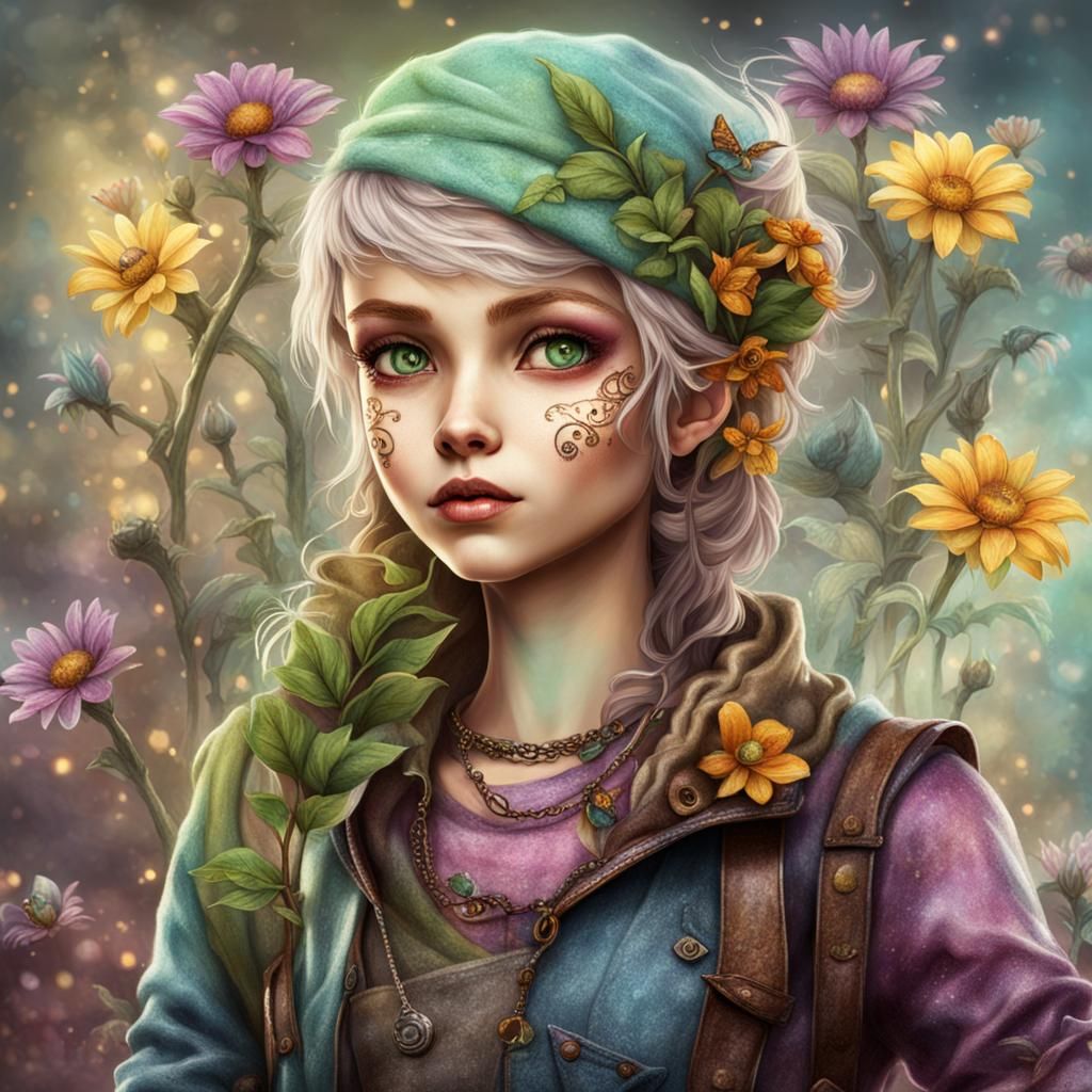 Whimsical Bloompunk Pixie in Fantasy Setting
