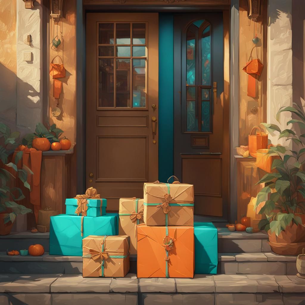 Detailed Parcels on Doorstep in Japanese Art Style