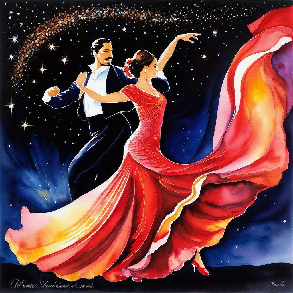 Flamenco Dancers Under the Stars in Acrylic Painting Style