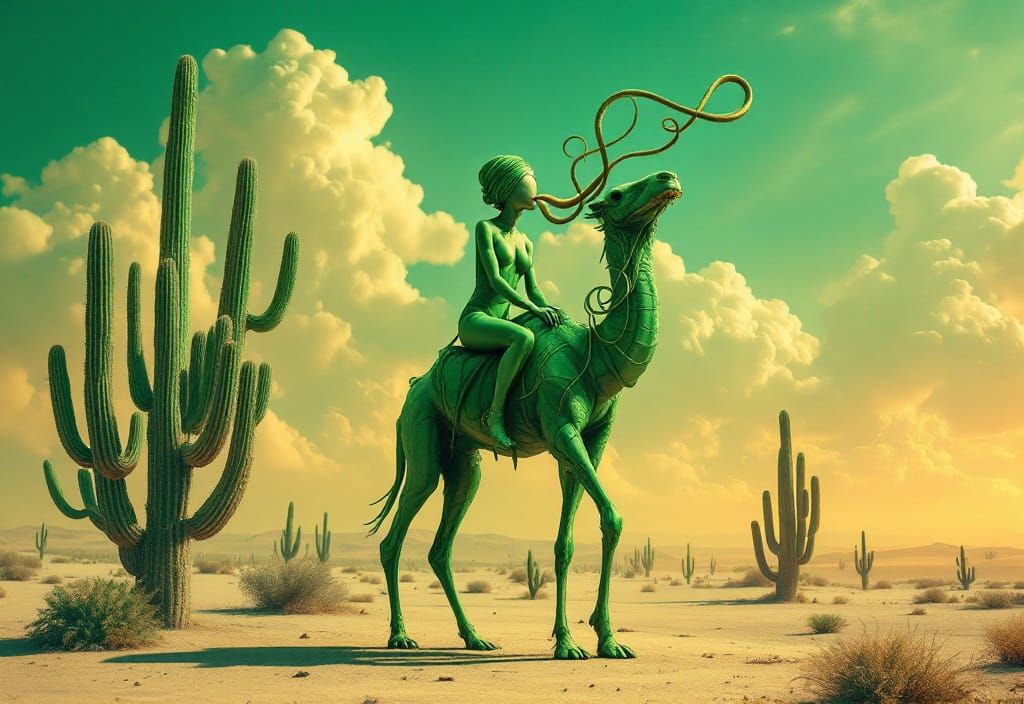 Surreal Desert Rider with Alien Camel