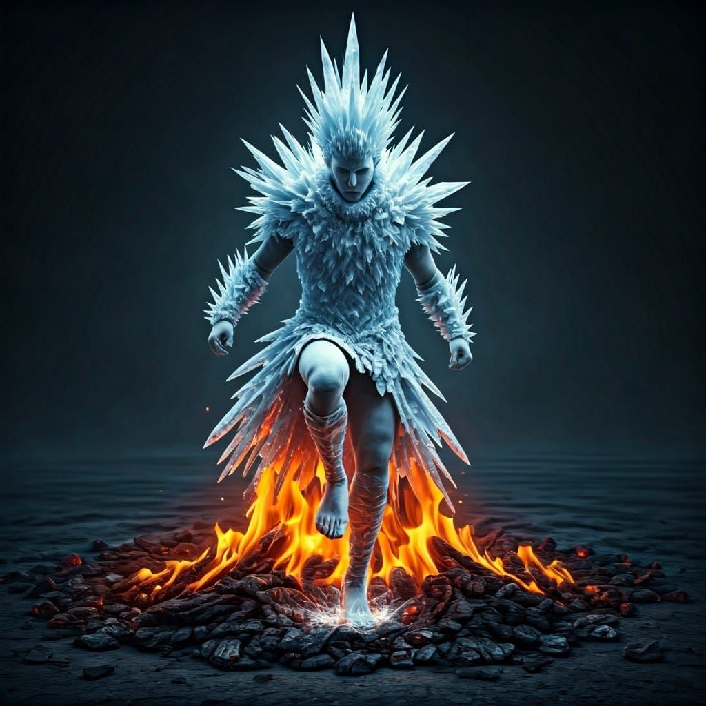 Icy Man Leaps from Coals: A Surreal Digital Render