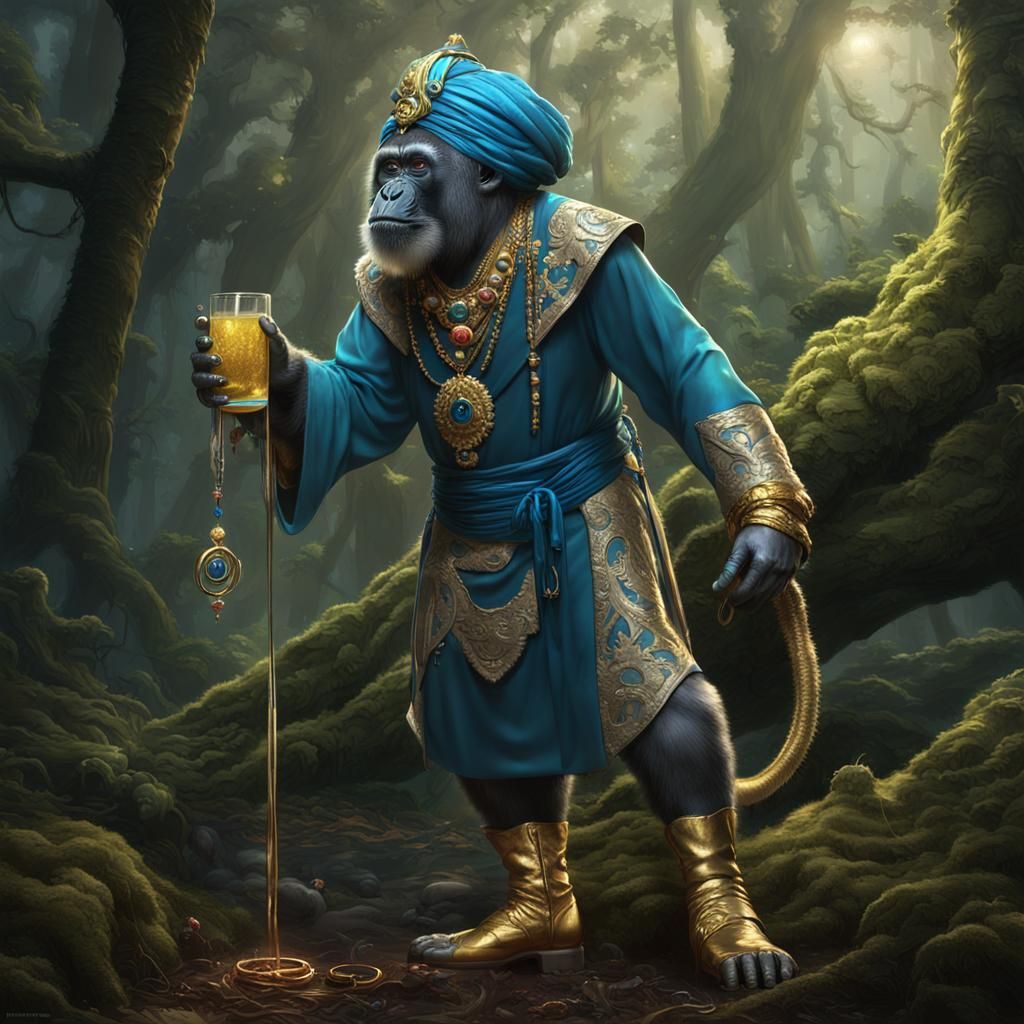 Ornate Monkey Humanoid in Forest, Dark Fantasy Art