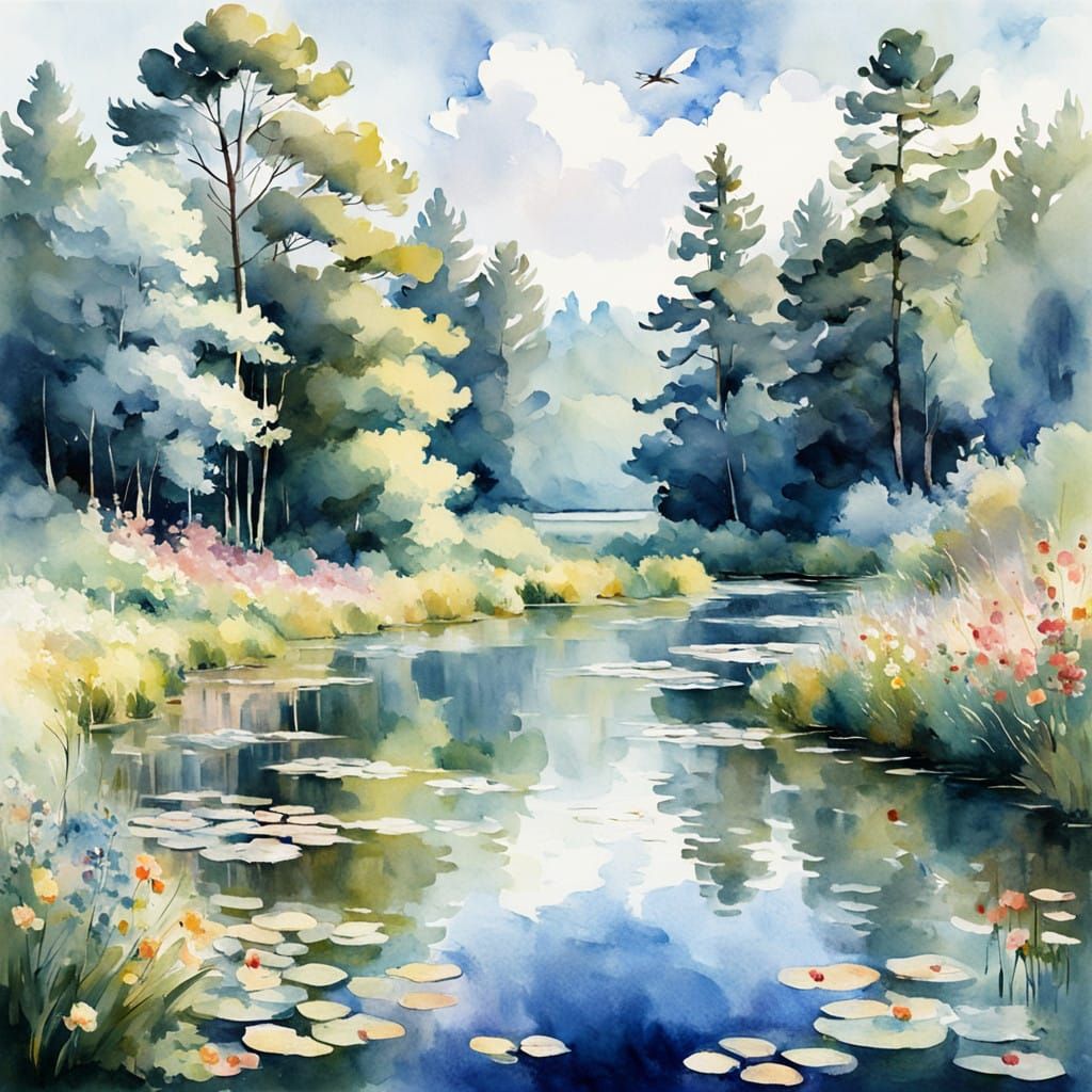 Dreamy Watercolor Landscape of a Sunny Day
