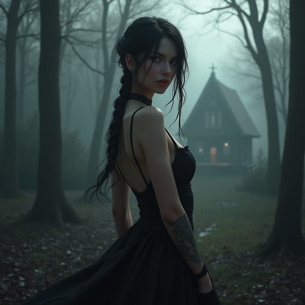 Ethereal Gothic Goddess in the Misty Valley