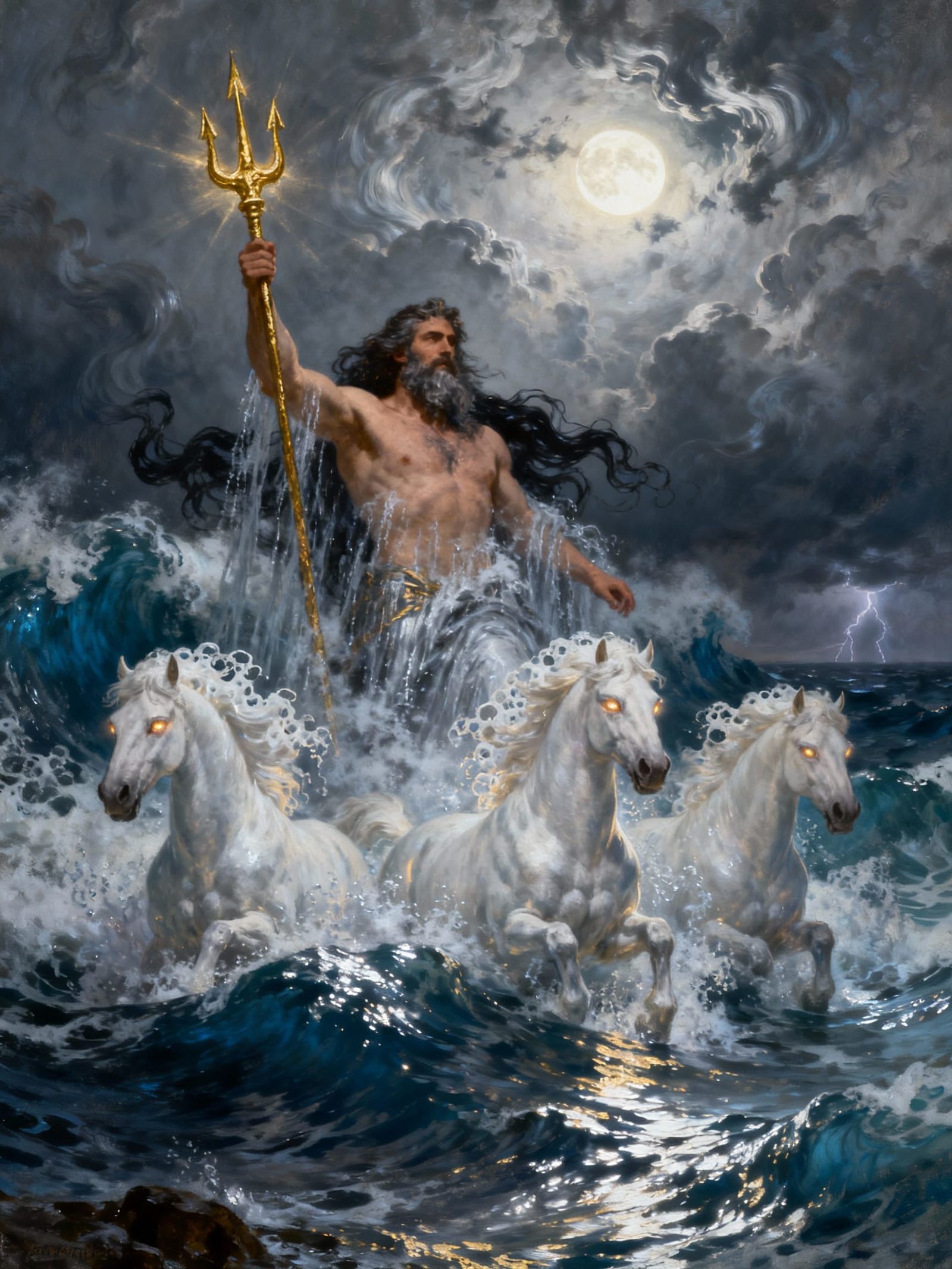 Poseidon Rises from Stormy Seas in Classical Oil Painting