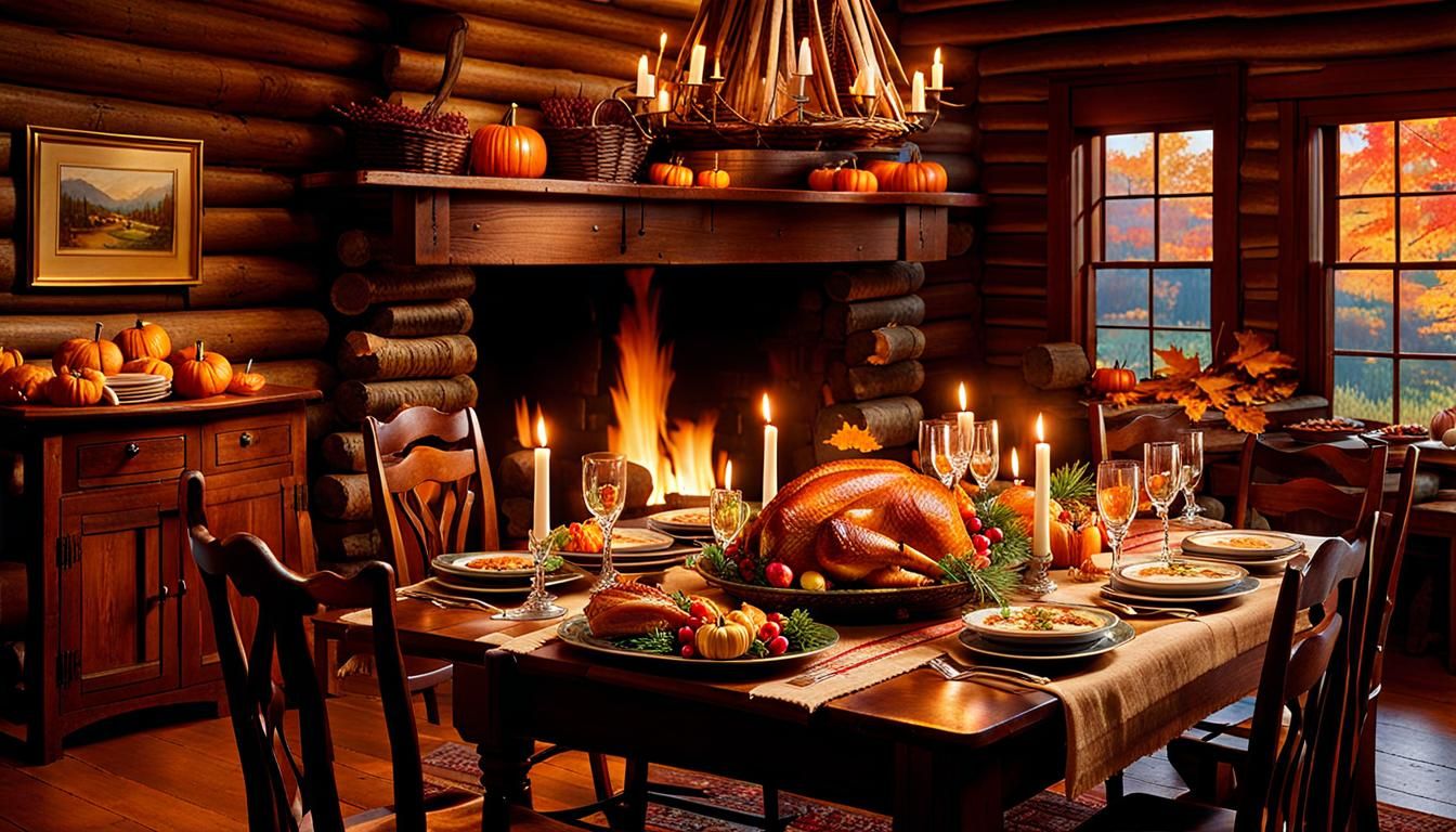 Classic Thanksgiving Tablescape in Log Cabin, Photo-Realisti...