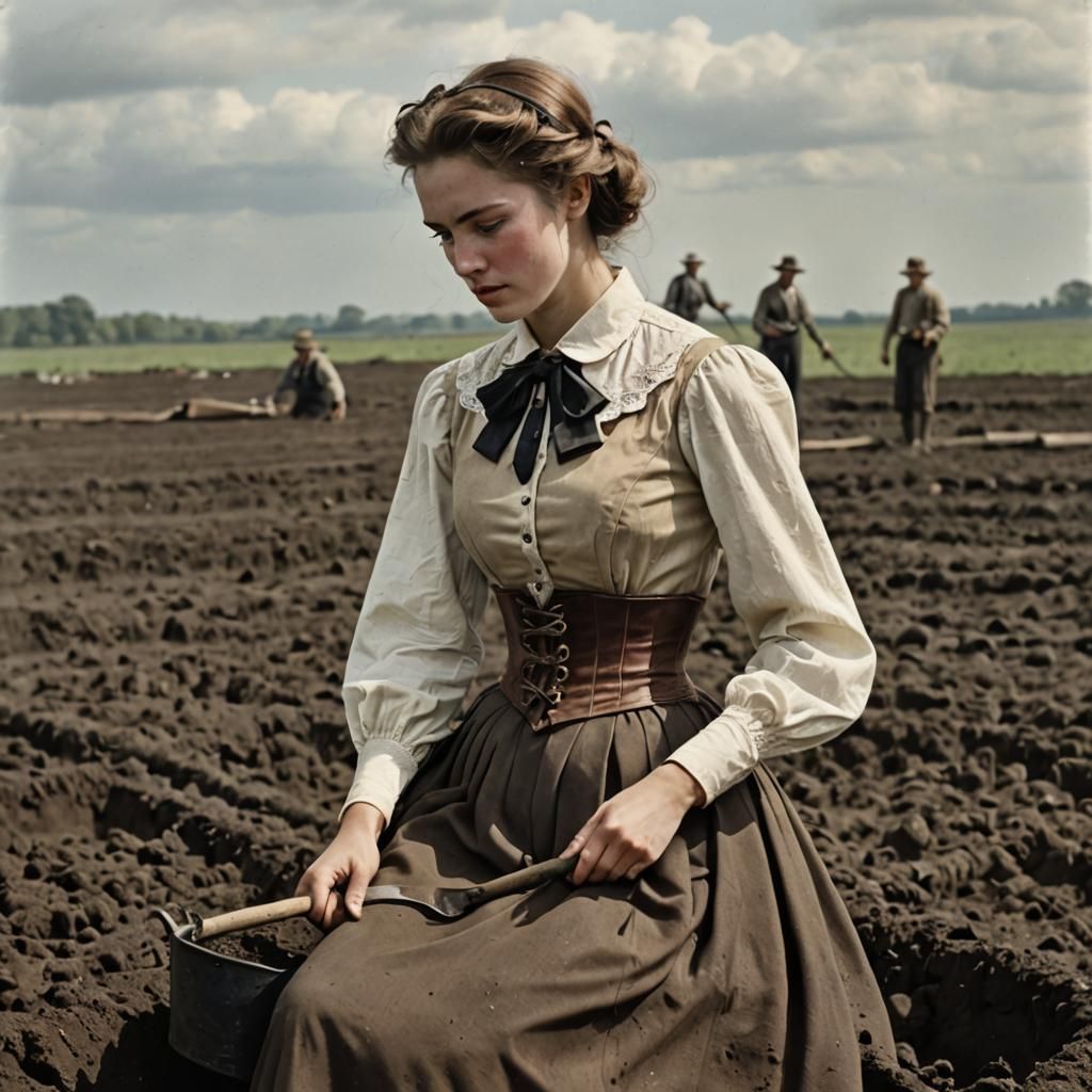 Young Woman Digging Peat in Colorful Formalwear