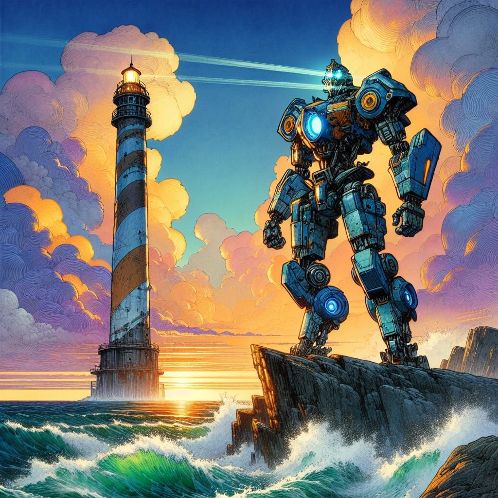 Mecha-Robot Lighthouse on a Cliff in Watercolour Style